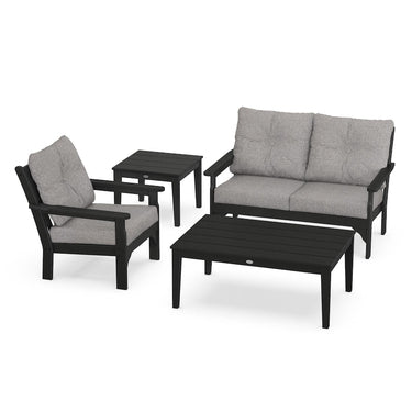 POLYWOOD Vineyard 4-Piece Deep Seating Set w/ Side Table - Black / Grey Mist